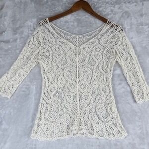 crochet indie Boho Revival ADIVA Cream Crochet Lace Knit Bell Sleeve Top Small